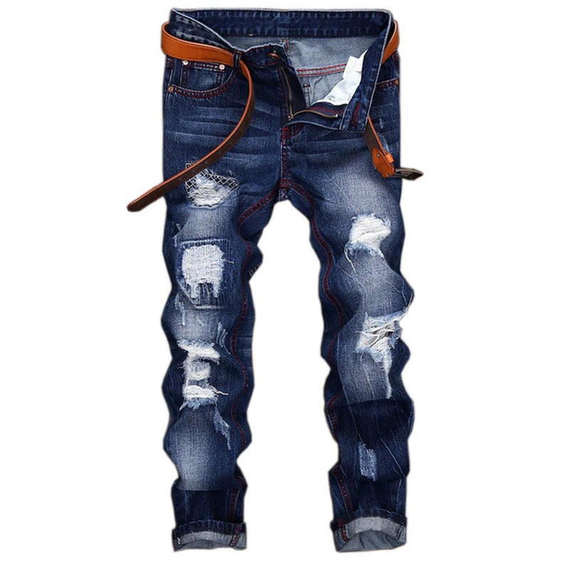 High Quality Men Casual Ripped Jeans Washed Straight Slim Pleated Motorcycle Biker Jeans Pants Male Denim Trousers plus Size 42