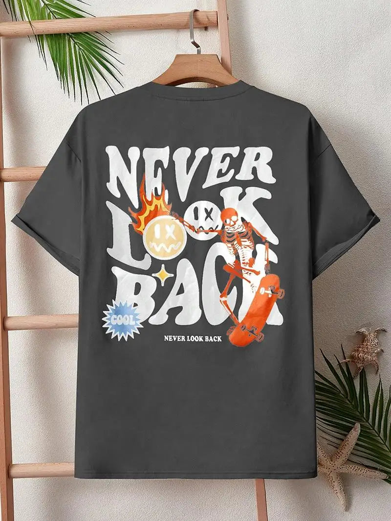 Never Look Back Creative Smile Skull Printing Cartoons Street Print Tshirt Man Loose Tee Clothes Cotton Crewneck Tops T-Shirt