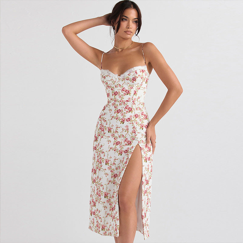 Lace Flowers Print Long Dress Sexy Fashion Slit Suspender Dress Summer Womens Clothing