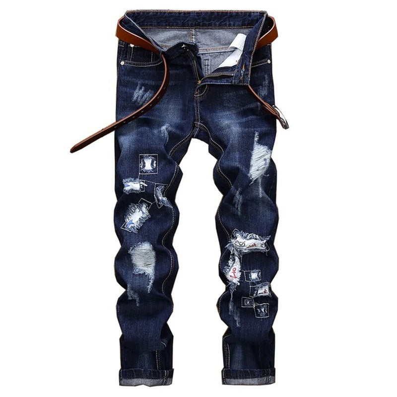 High Quality Men Casual Ripped Jeans Washed Straight Slim Pleated Motorcycle Biker Jeans Pants Male Denim Trousers plus Size 42