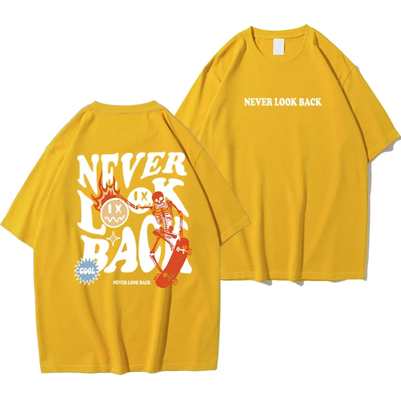 Never Look Back Creative Smile Skull Printing Cartoons Street Print Tshirt Man Loose Tee Clothes Cotton Crewneck Tops T-Shirt