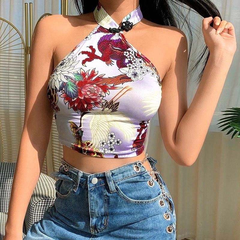 Chinoiserie Printed Halter Neck Buttoned Sexy Navel Crop Top