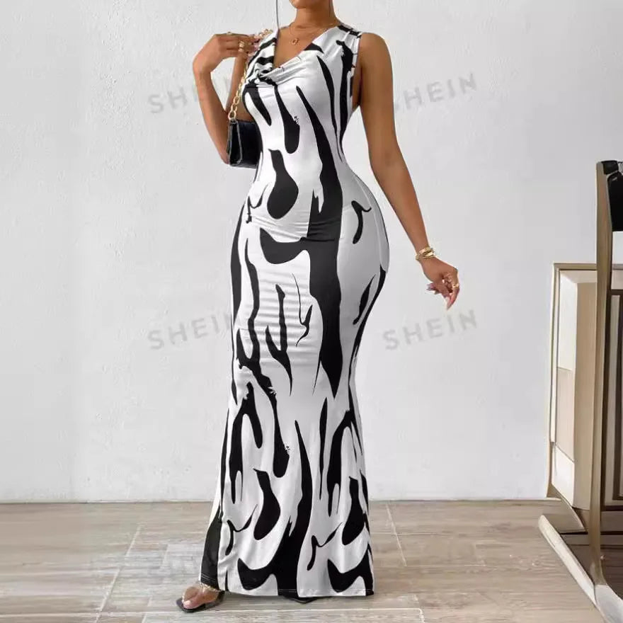 Sexy Bodycon Package Hip Party Women'S Long Dresses Summer Print Sleeveless Pile Collar Slim Skinny Party Maxi Dress for Women