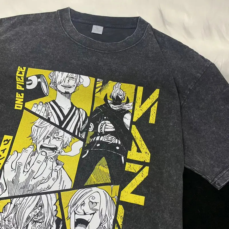 Sanji T Shirts Vintage Washed Anime One Piece T-Shirt Oversized Harajuku Streetwear Manga Ace Law Jinbe Kid Luffy Tops Tees Men