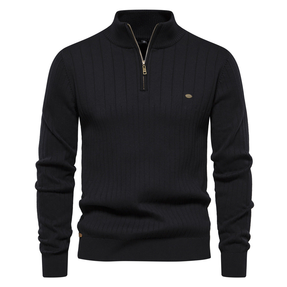 Men'S Stand Collar Sweater Fashion Half-Zipper Solid Color Striped Knit Sweater High Quality Slim Fit Top Clothing