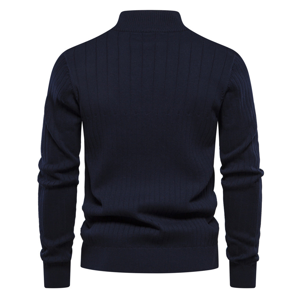 Men'S Stand Collar Sweater Fashion Half-Zipper Solid Color Striped Knit Sweater High Quality Slim Fit Top Clothing