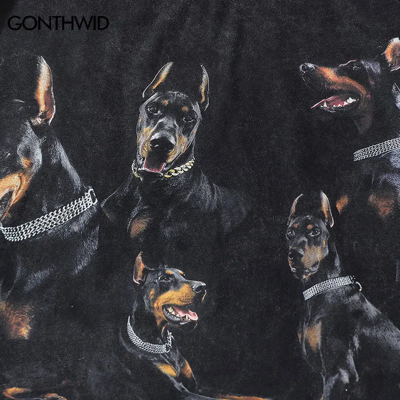 Oversize Distressed T Shirts Hip Hop Vintage Doberman Dog Print Punk Rock Gothic Tshirt Streetwear 2022 Harajuku Casual T-Shirt