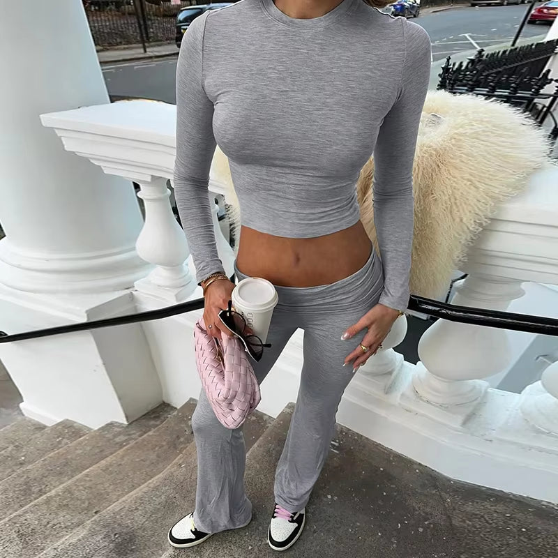 Casual Minimalist Solid Women'S Long Sleeve Crew Neck T Shirts Low Waist Pants Sets Comfy Breathable Two Piece Outfits