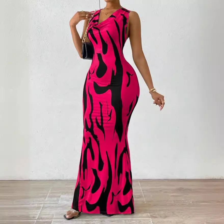 Sexy Bodycon Package Hip Party Women'S Long Dresses Summer Print Sleeveless Pile Collar Slim Skinny Party Maxi Dress for Women