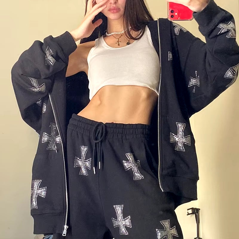 Korean Fashion Cross Graphic Rhinestone Sweatpants White Elastic Drawstr Oversize Pants Fall Women'S Cropped Trousers Streetwear