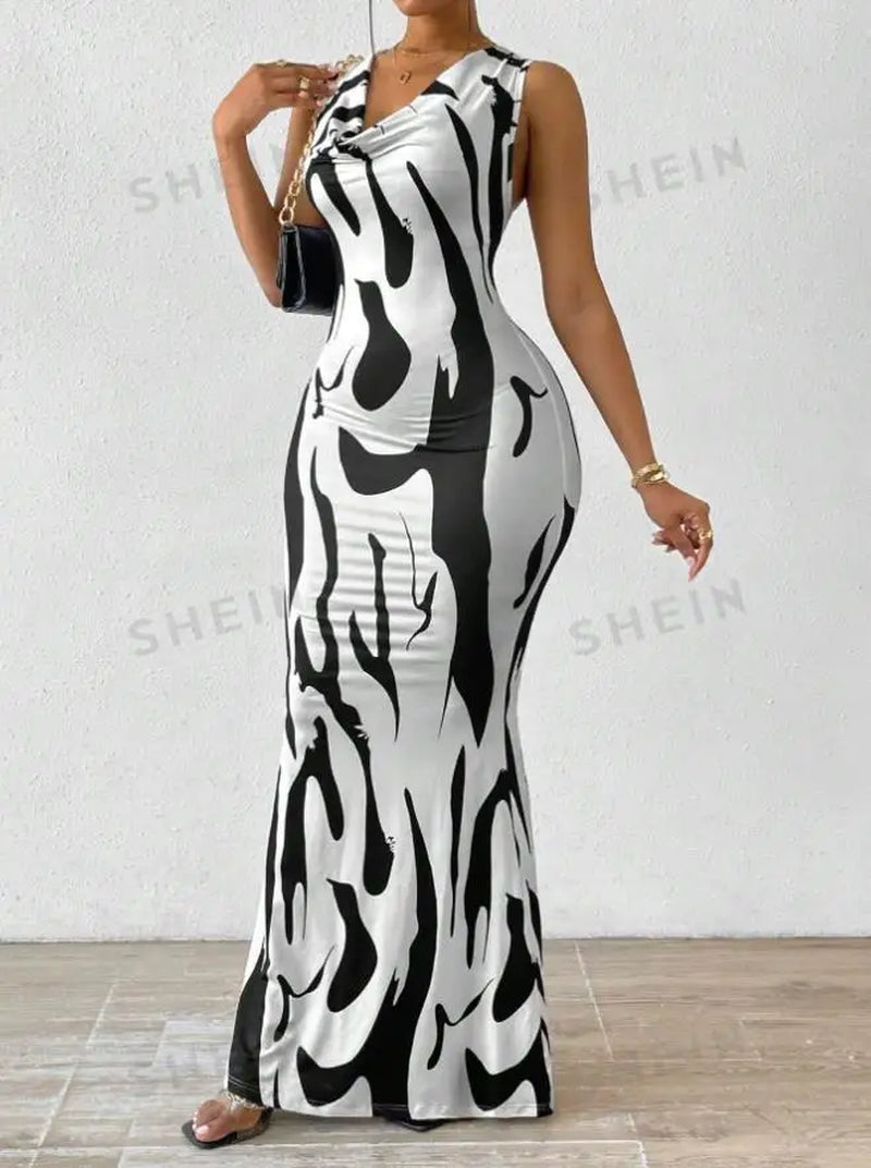 Sexy Bodycon Package Hip Party Women'S Long Dresses Summer Print Sleeveless Pile Collar Slim Skinny Party Maxi Dress for Women