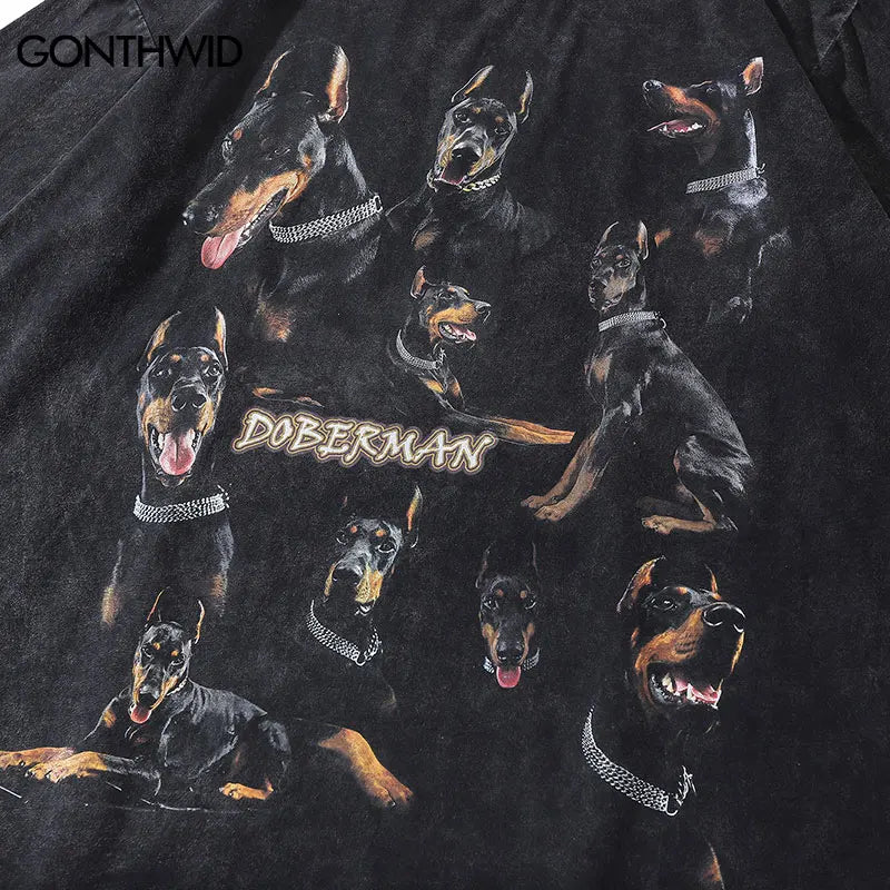 Oversize Distressed T Shirts Hip Hop Vintage Doberman Dog Print Punk Rock Gothic Tshirt Streetwear 2022 Harajuku Casual T-Shirt